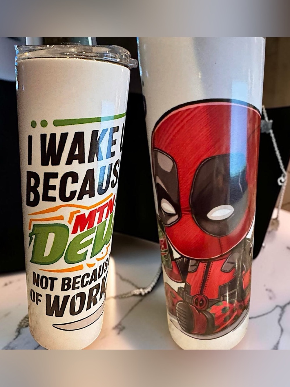Deadpool Mountain Dew Hand Crafted Red and Black Superhero Travel Tumbler 30oz